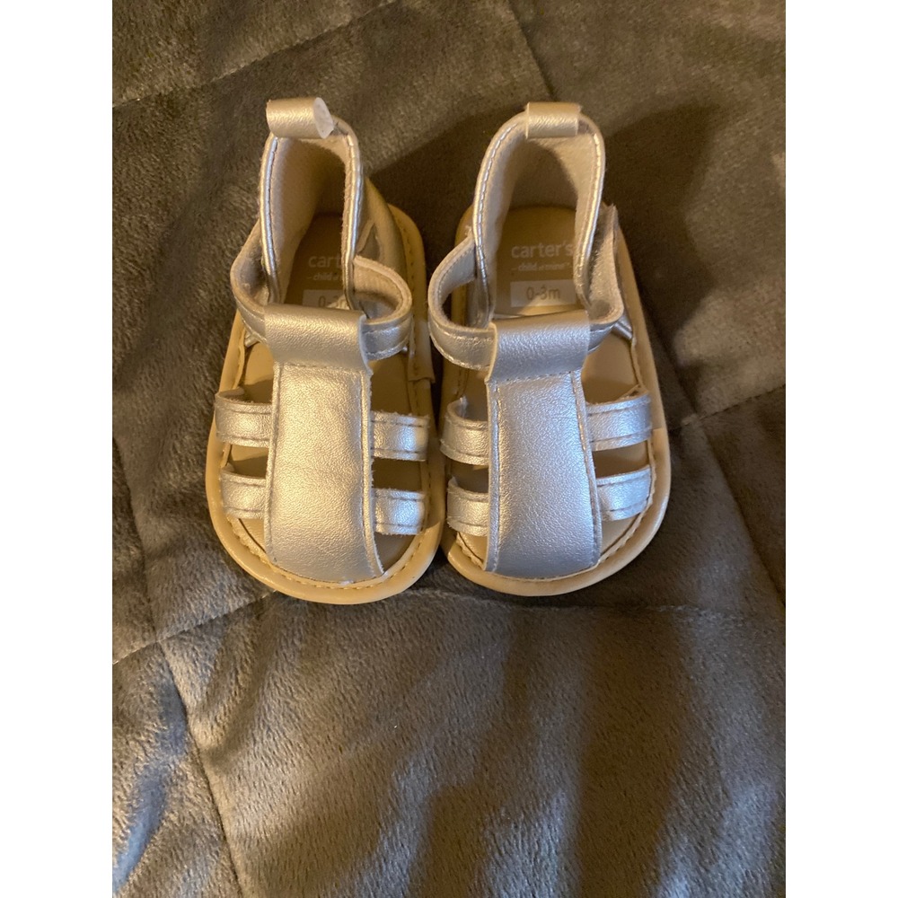 Carters Child of Mine Baby Sandals Silver Metallic Fisherman Crib Shoes 0-3M 619